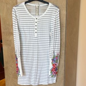 Aratta White/Black Striped Henley Tunic with Floral Embroidered Cuffs